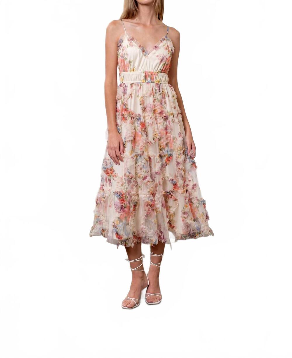 NEW MOON RIVER spaghetti strap floral print maxi dress in cream multi
